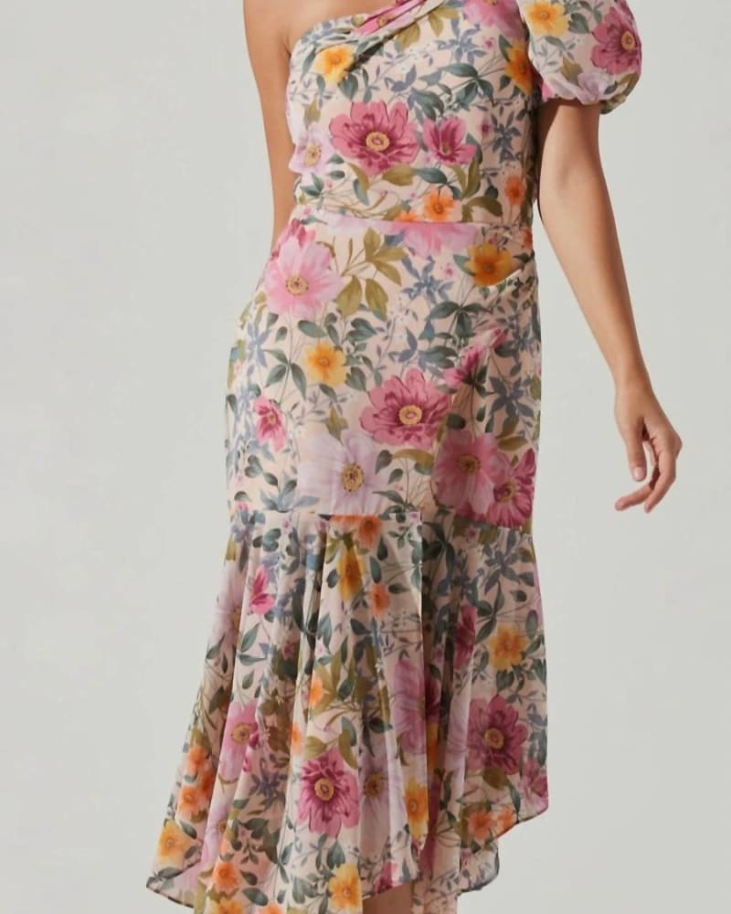 Front of a model wearing a size Large Santorini One Shoulder Dress in Taupe Fuchsia in Taupe Fuchsia by ASTR. | dia_product_style_image_id:342652